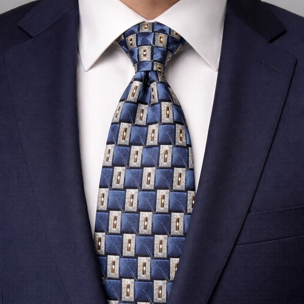 Tie 70s 80s 90s Y2K Mens Puritan Silk Blue Silver Gold 3.75 Wide 60 Long